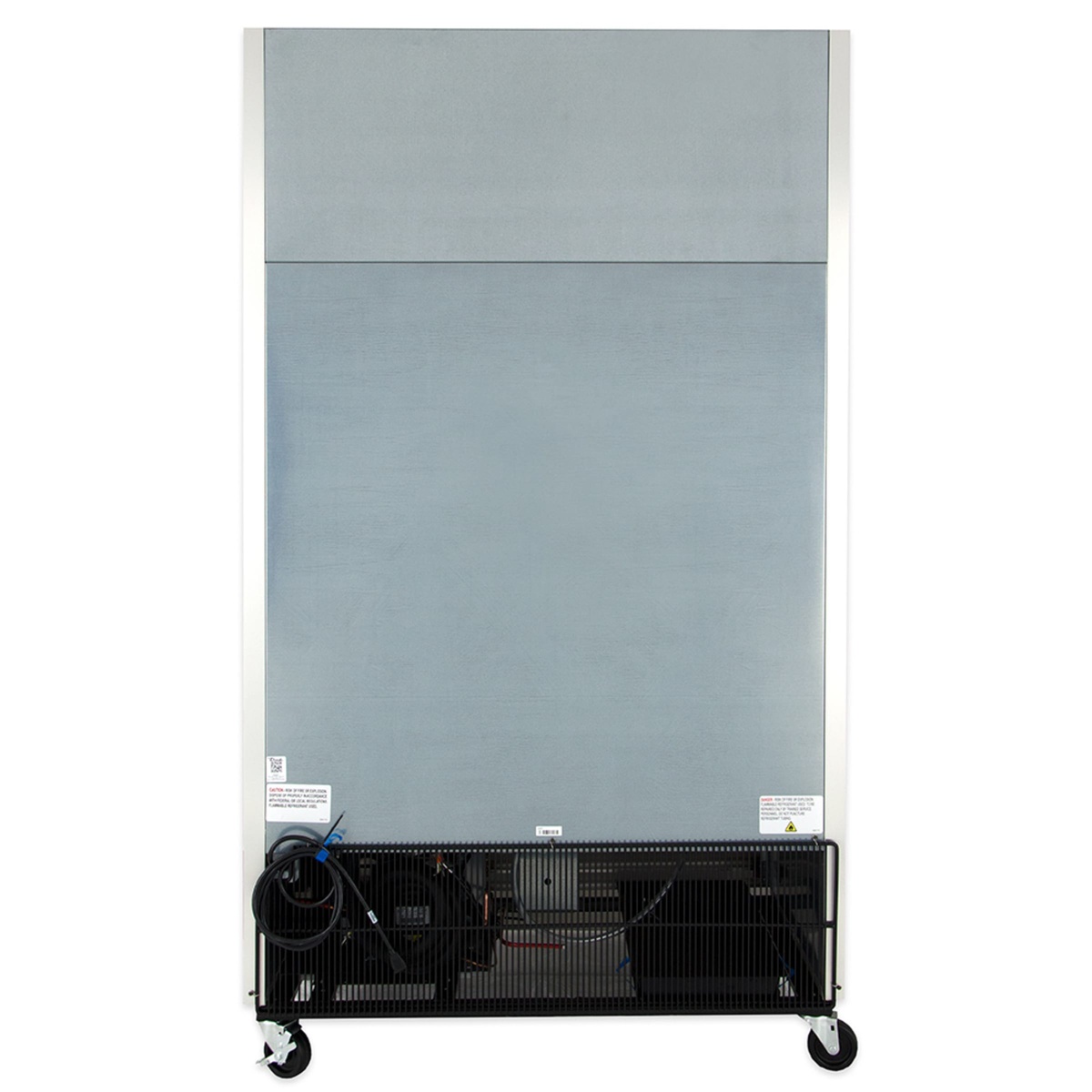 Rear view of True T-43-HC refrigerator showing condenser area and power cord