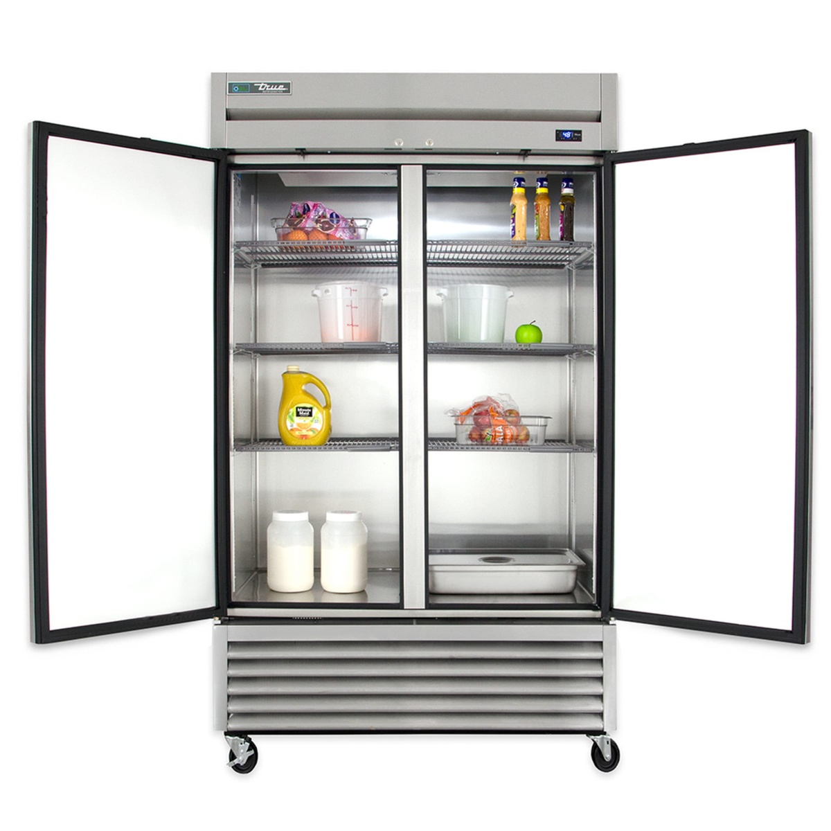 True T-43-HC reach-in refrigerator with both solid doors open showing adjustable wire shelves
