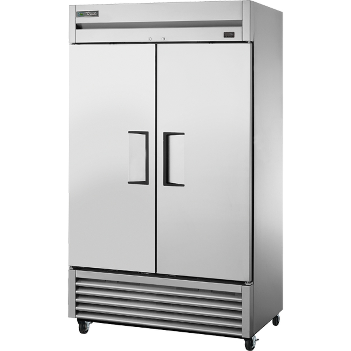 True T-43F-HC 2-section stainless steel solid-door reach-in freezer with bottom-mounted compressor and caster wheels