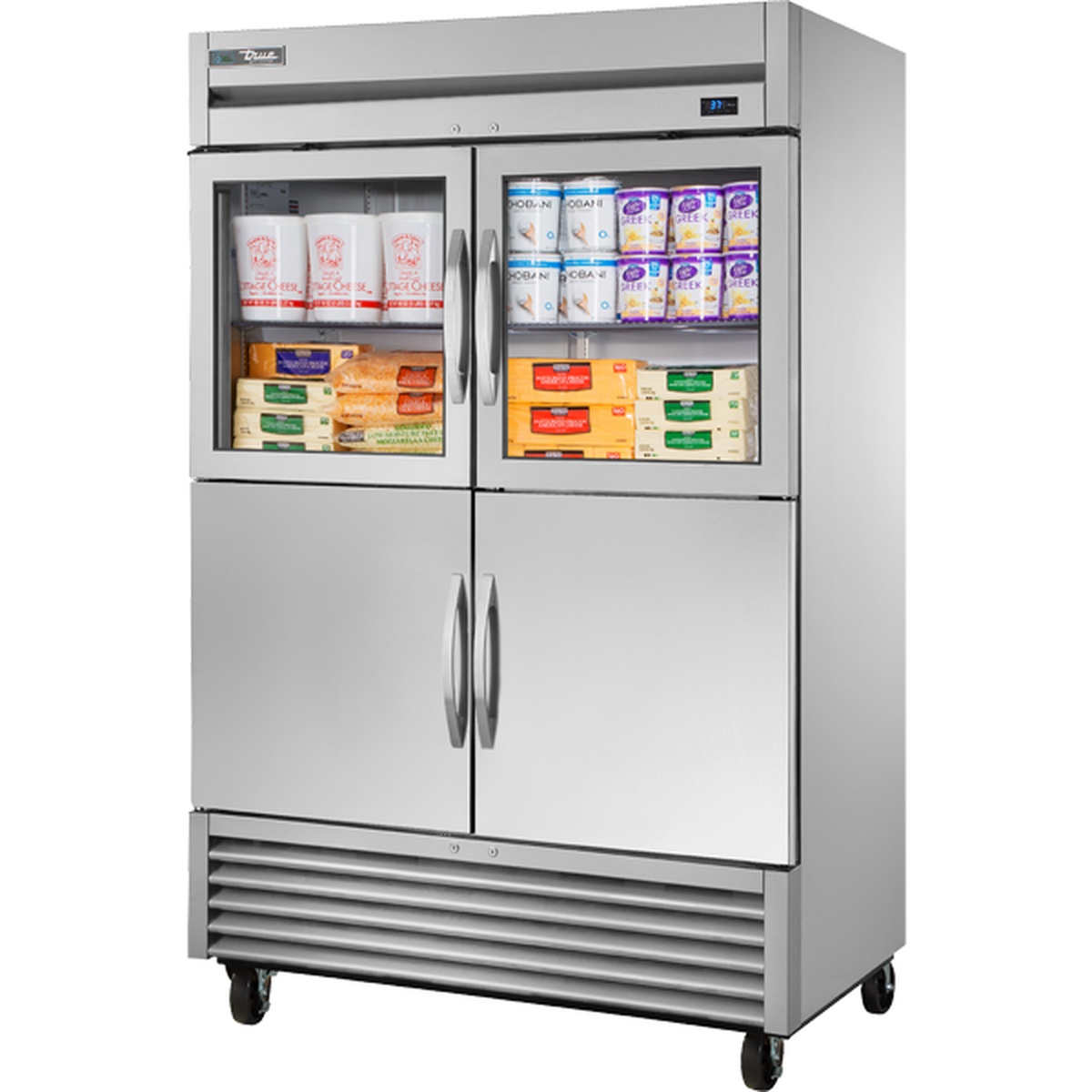 True T-49-2-G-2-HC~FGD01 two-section reach-in refrigerator with two upper glass half doors and two lower solid stainless steel half doors on casters