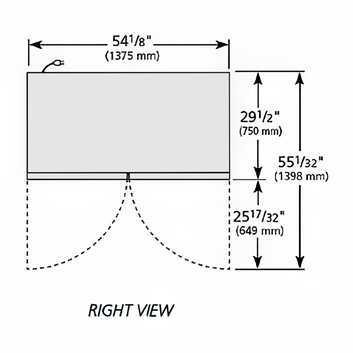 Right-view diagram showing depth and door swing area for the True T-49-4-HC