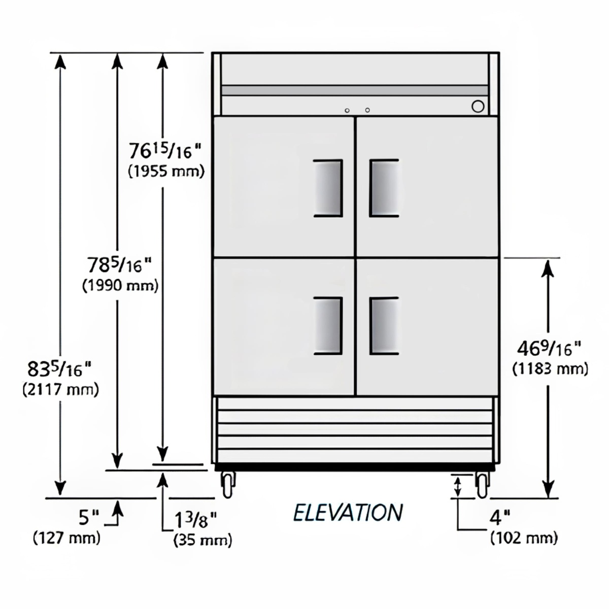 Elevation diagram showing cabinet height and caster clearance for the True T-49-4-HC