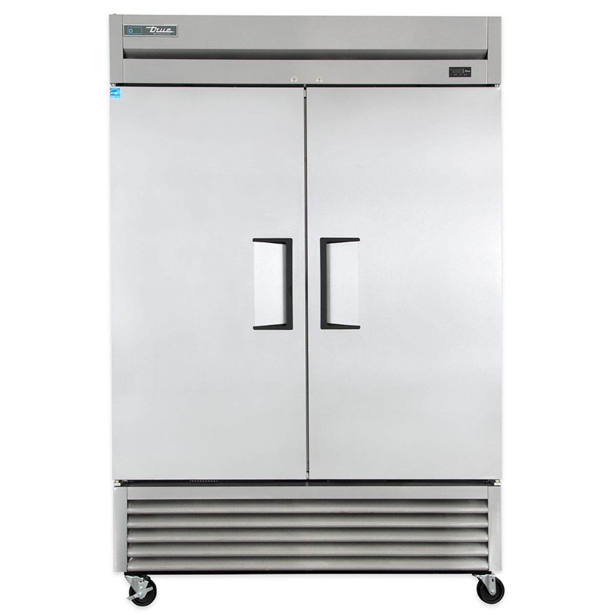 Front-facing True T-49-HC refrigerator with dual handles and bottom-mount condenser