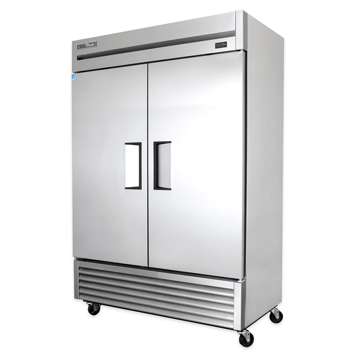 True T-49-HC two-door reach-in refrigerator on casters, stainless front with bottom grill