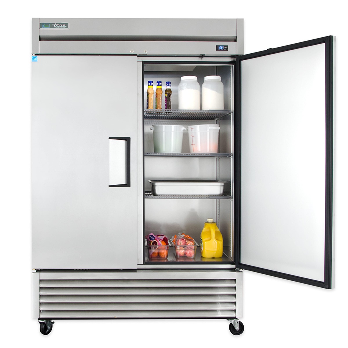 True T-49-HC reach-in refrigerator with one door open showing stored containers on shelves