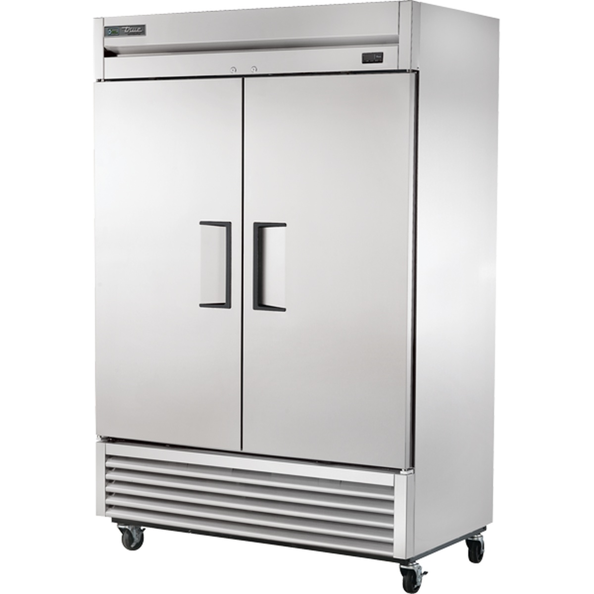 True T-49-HC two-section solid door reach-in refrigerator with stainless steel exterior and casters