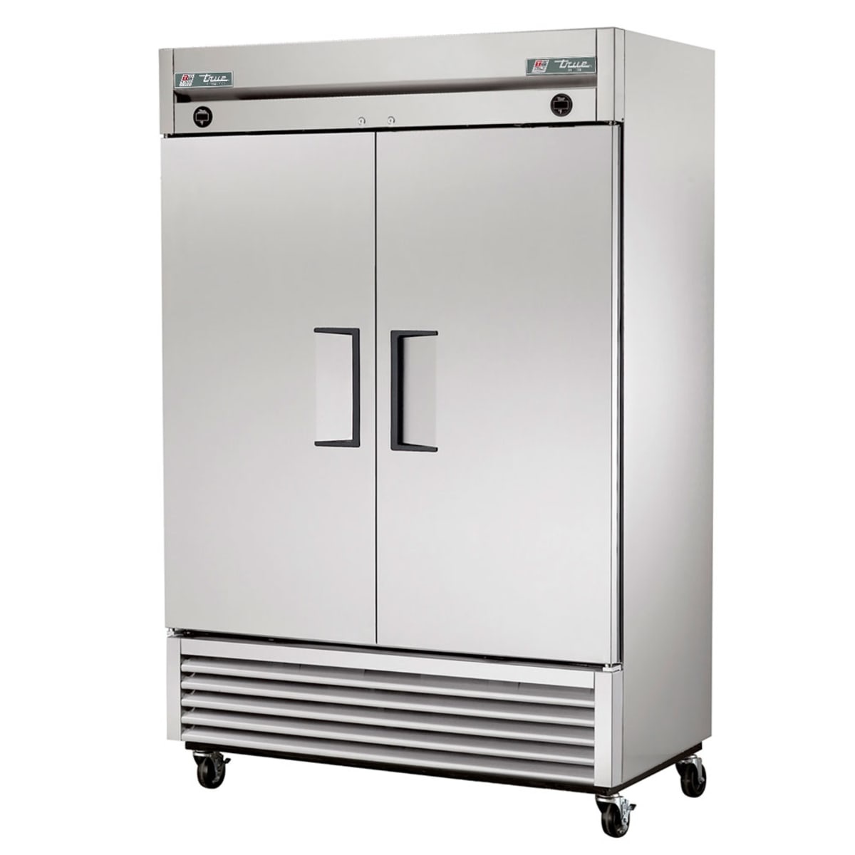 Front view of True T-49DT-HC dual temperature solid door reach-in refrigerator freezer on casters