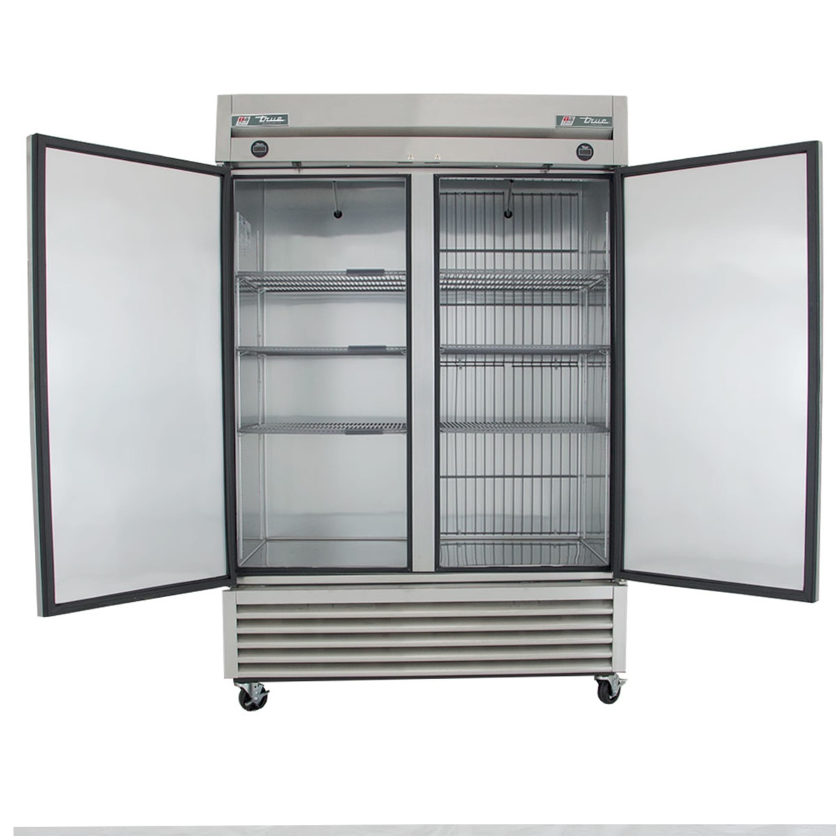True T-49DT-HC cabinet with both doors open showing adjustable wire shelving