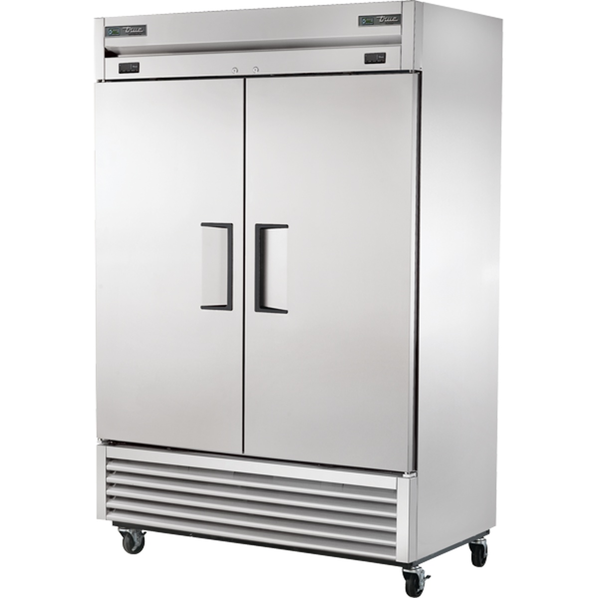 True T-49DT-HC two-section solid door reach-in refrigerator/freezer with stainless steel front and caster wheels