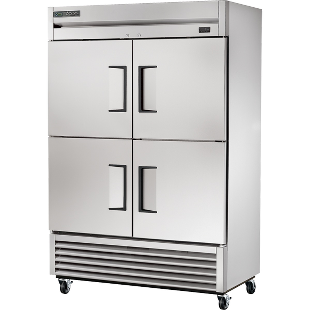 True T-49F-4-HC two-section solid half-door reach-in freezer with four stainless steel doors on casters