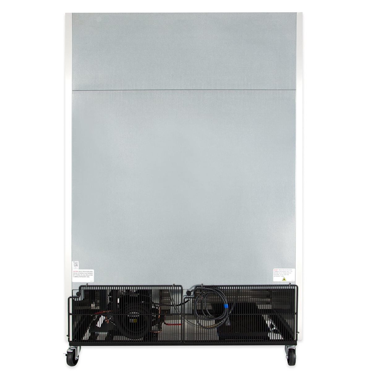 Side profile of the True glass door reach-in refrigerator showing solid exterior panel and casters