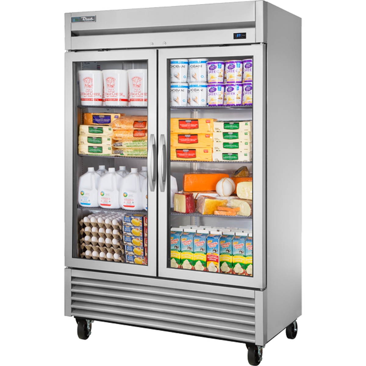 True T-49G-HC~FGD01 two-section stainless steel reach-in refrigerator with dual framed glass swing doors and PVC-coated wire shelves stocked with dairy products