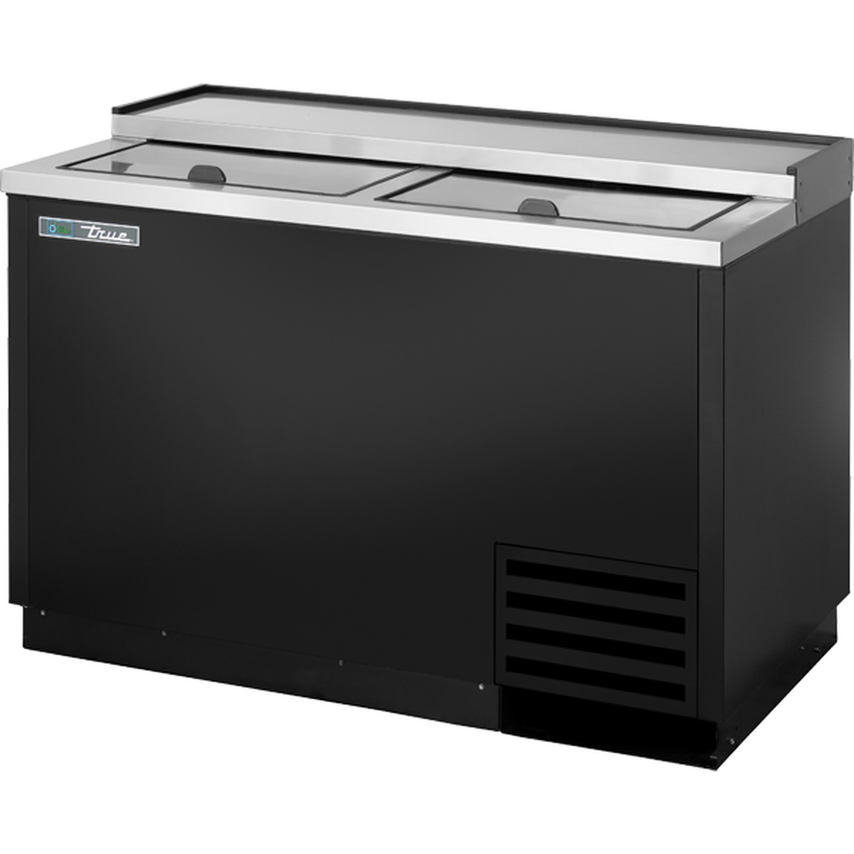 True T-50-GC-HC glass and plate chiller froster with black powder-coated exterior and stainless steel dual slide lids