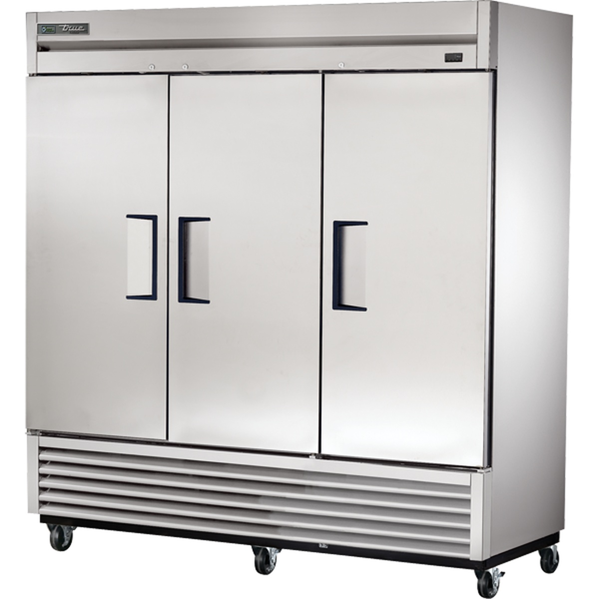 True T-72F-HC three-section stainless steel reach-in freezer with solid swing doors and caster base