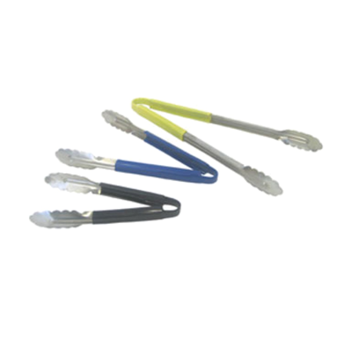 Assortment of Libertyware stainless steel tongs with black, blue, and yellow color-coated handles