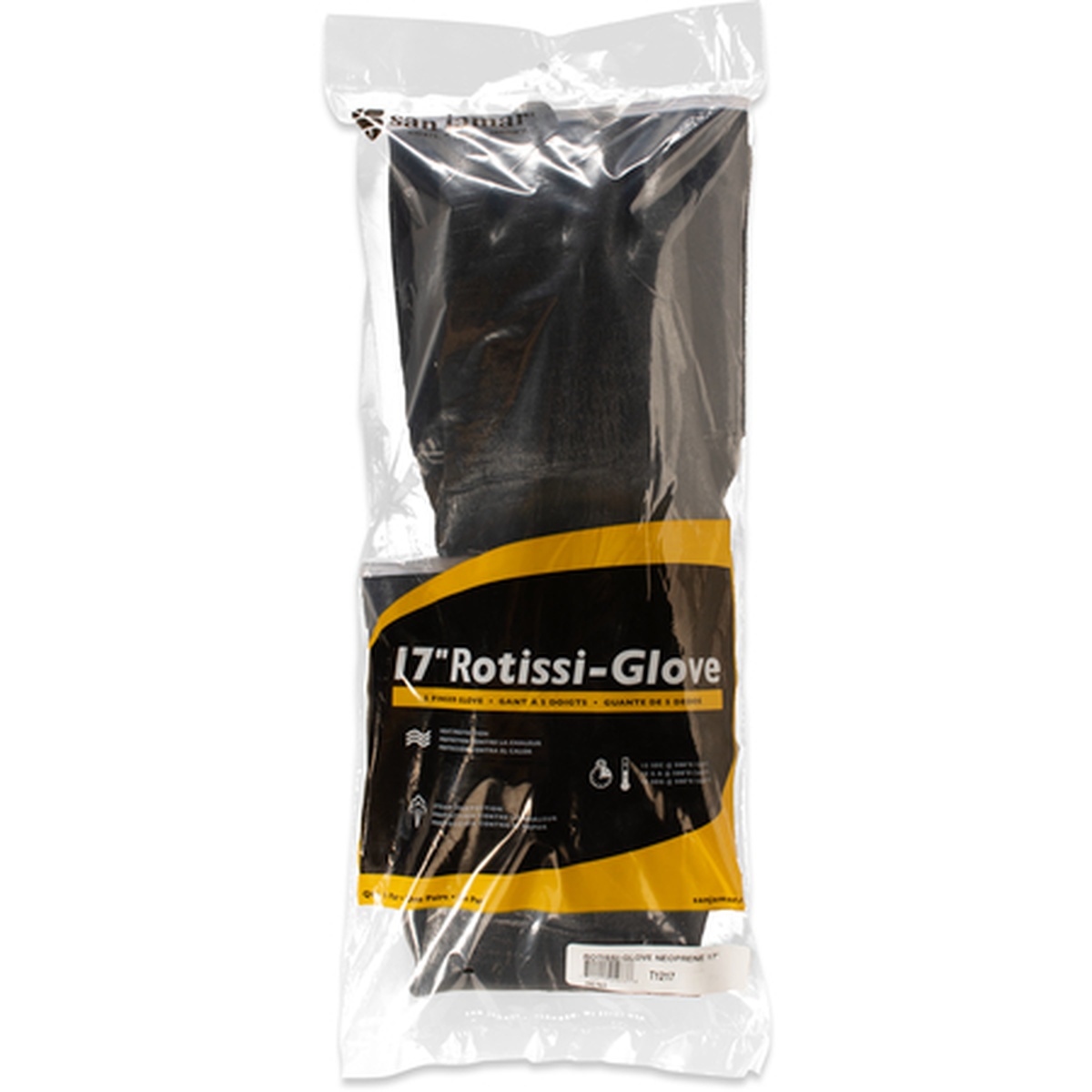 San Jamar T1217 Rotissi-Glove 17-inch black neoprene gloves in retail packaging