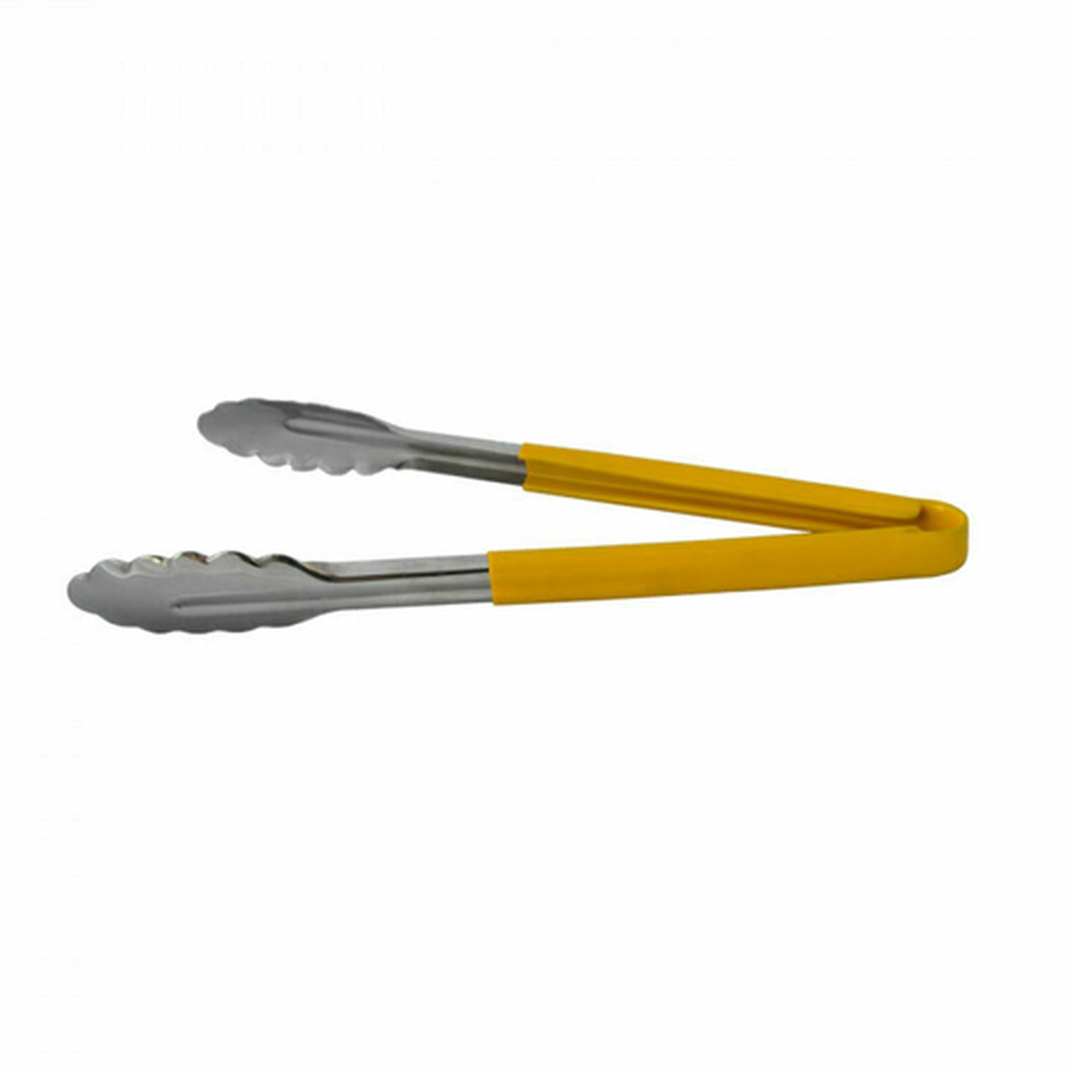 Libertyware 12-inch stainless steel tongs with yellow plastic coated handle