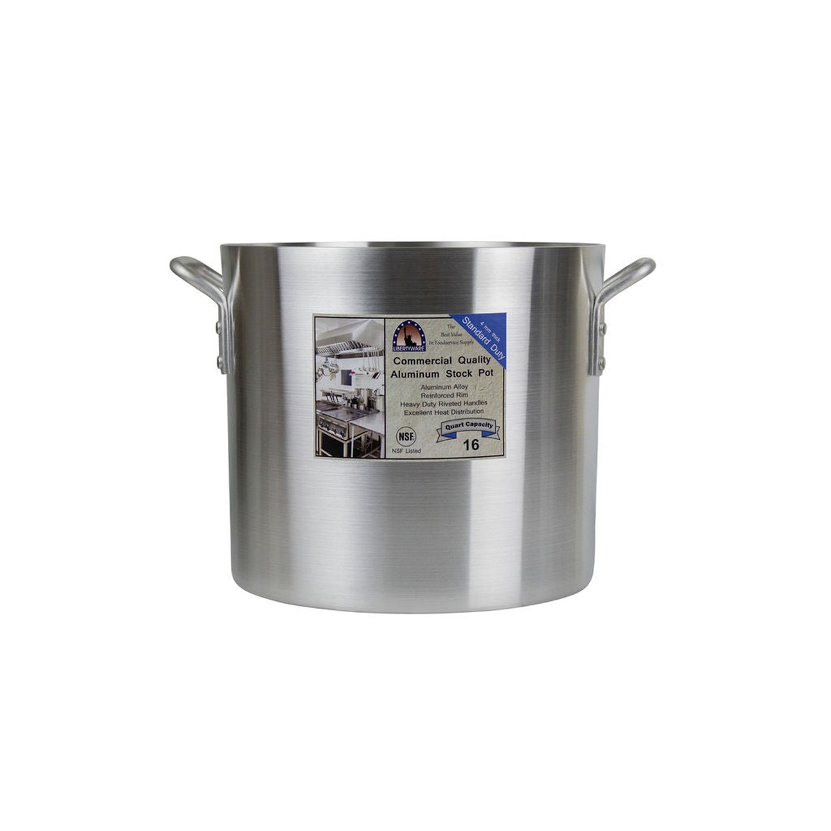 Libertyware 16-quart aluminum stock pot with retail label showing NSF listing and commercial quality details
