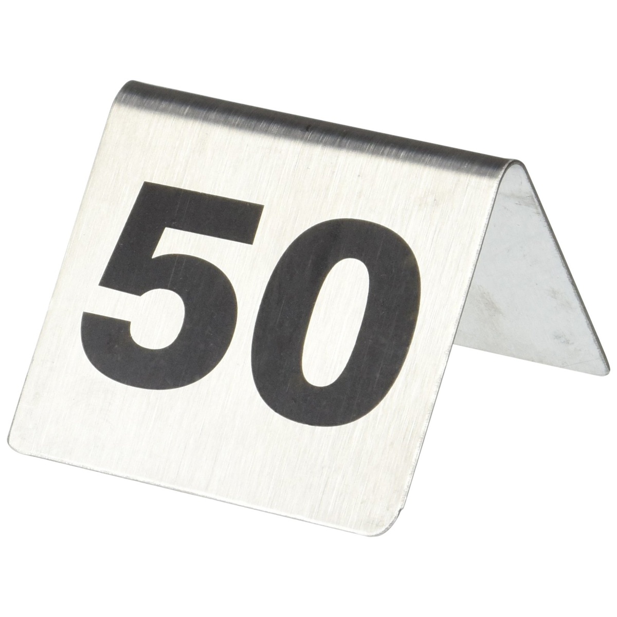 TableCraft T2650 stainless steel A-frame number tent card showing number 50