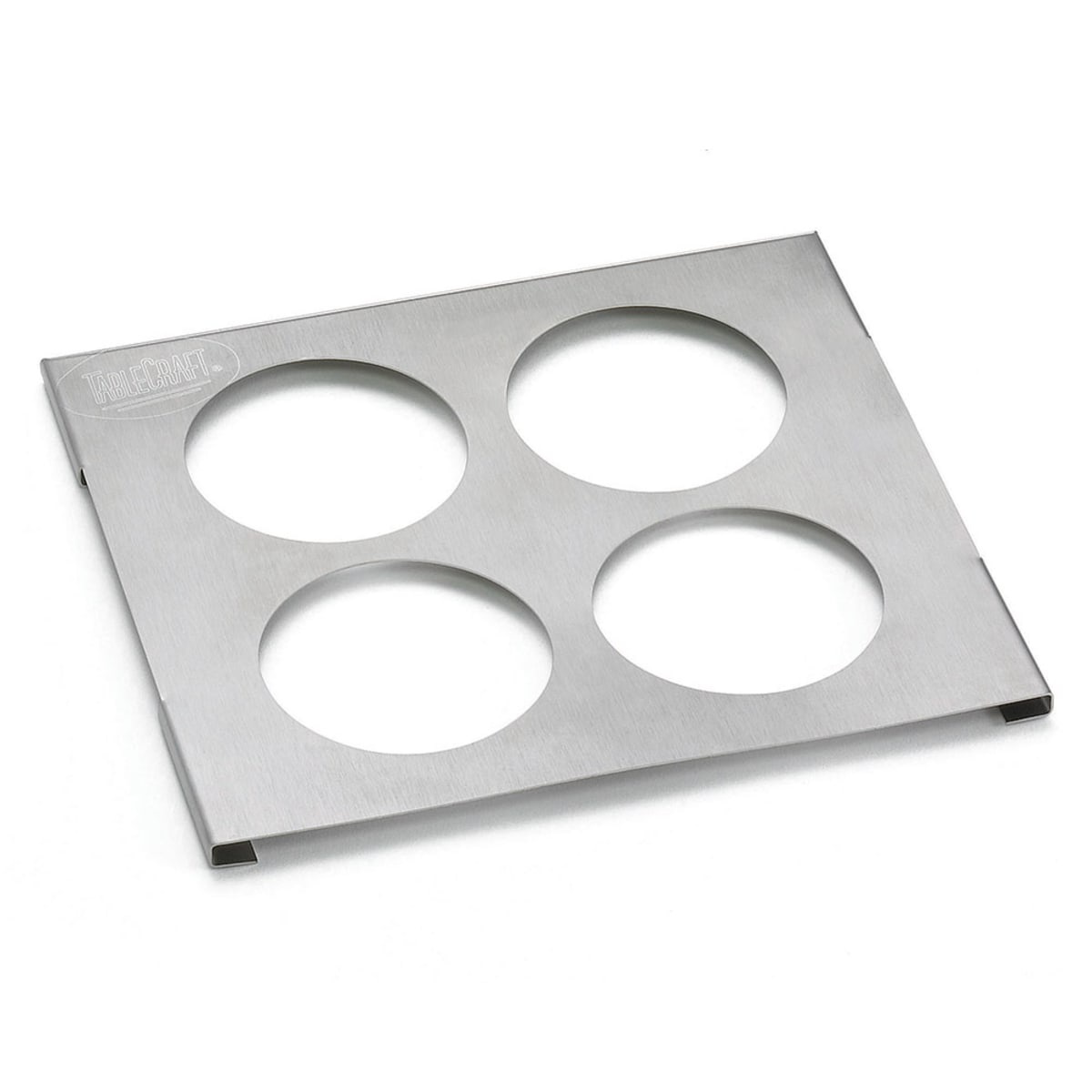 Tablecraft T4 4-hole stainless steel squeeze bottle template, angled view showing TableCraft branding and four circular cutouts