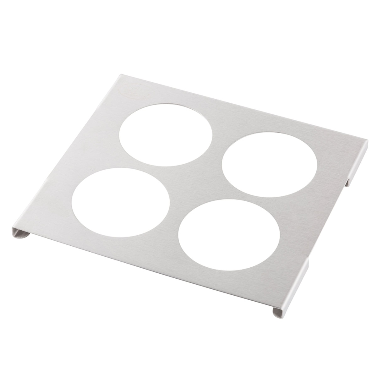 Tablecraft T4 stainless steel squeeze bottle template shown from an elevated angle, highlighting the four circular openings and bent corner clips