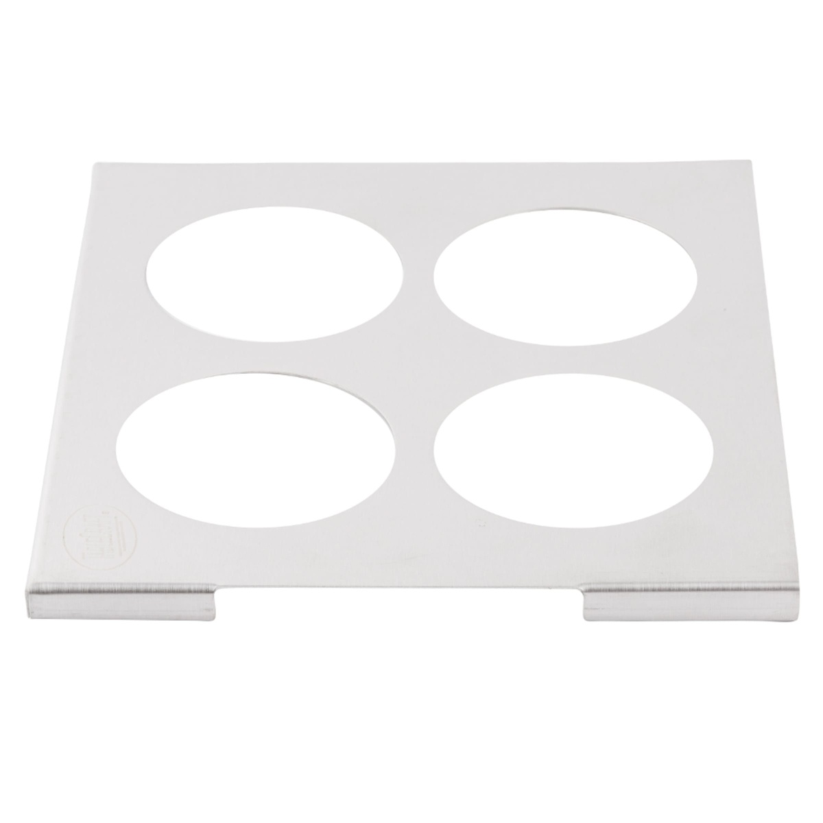 Tablecraft T4 stainless steel squeeze bottle template shown from directly above, displaying the four oval cutouts and compact flat profile