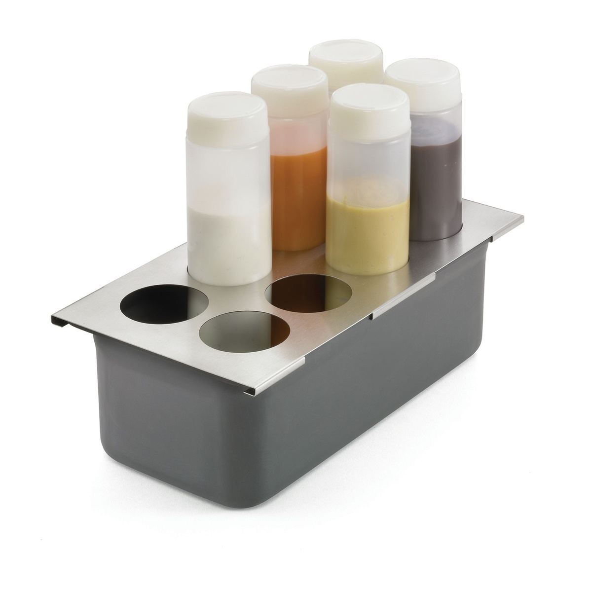 TableCraft T8 squeeze bottle template dropped into a third-size food pan with multiple filled squeeze bottles seated in the openings