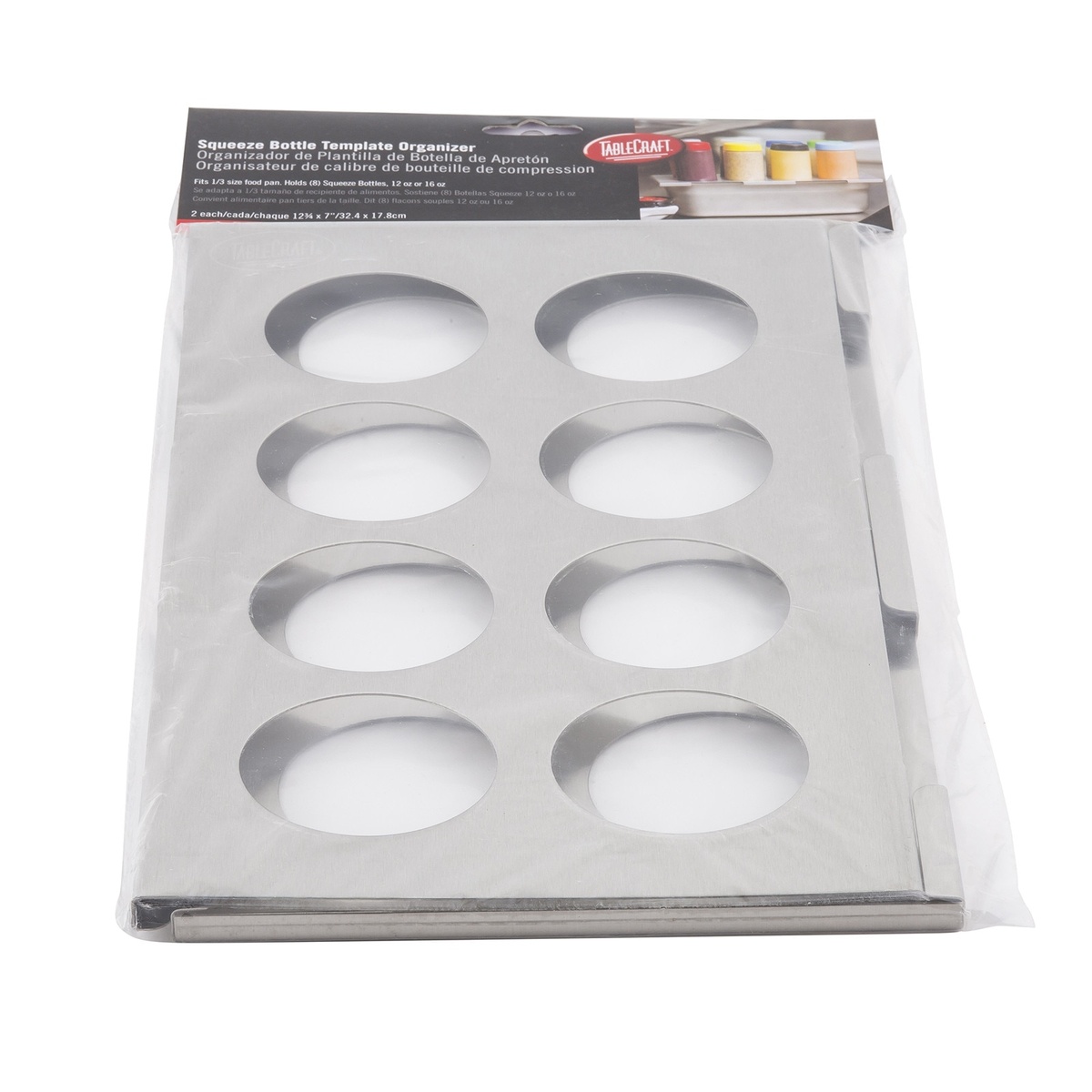TableCraft T8 squeeze bottle template shown in retail poly bag packaging with product label