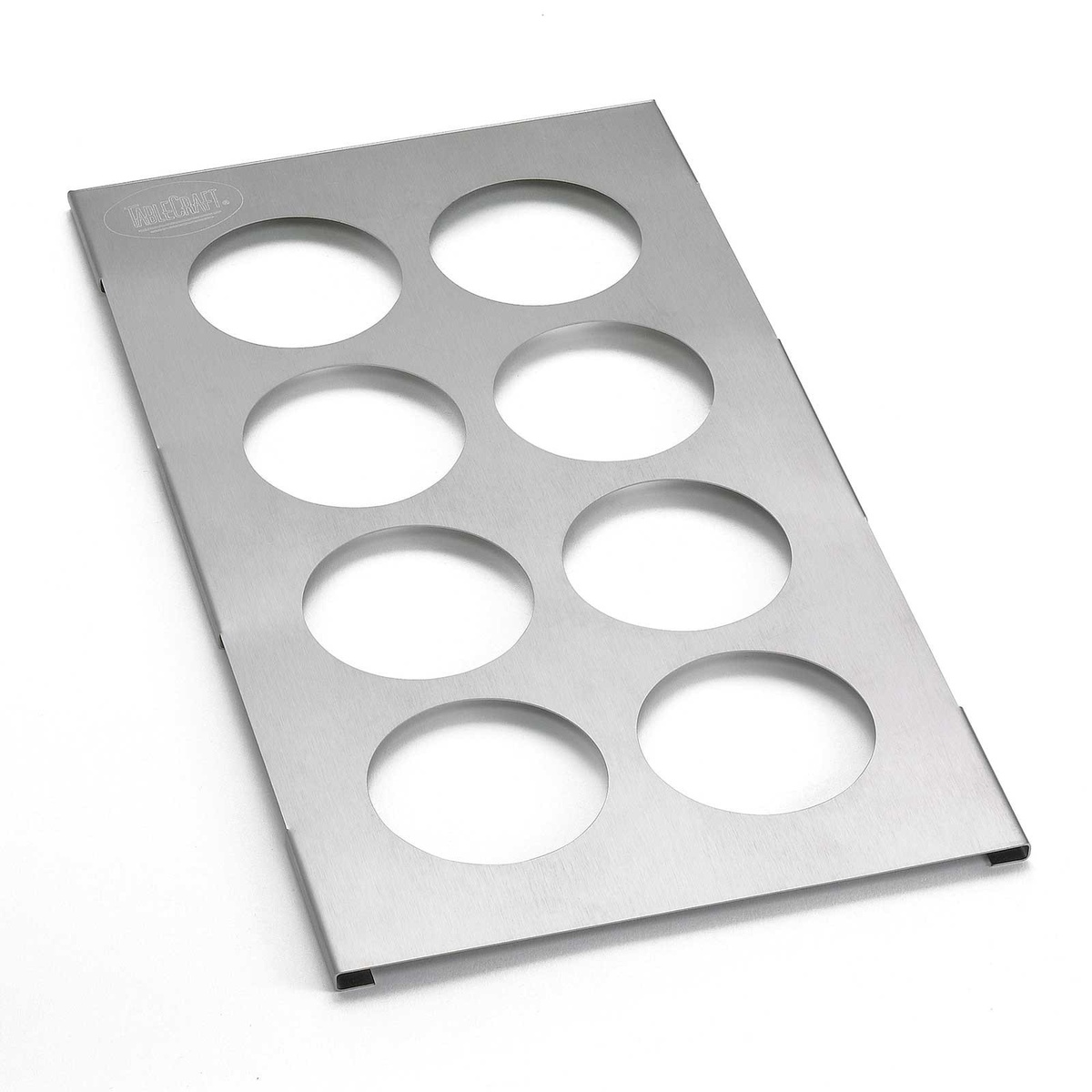 TableCraft T8 stainless steel 8-hole squeeze bottle template, angled view showing brushed finish and circular cutouts