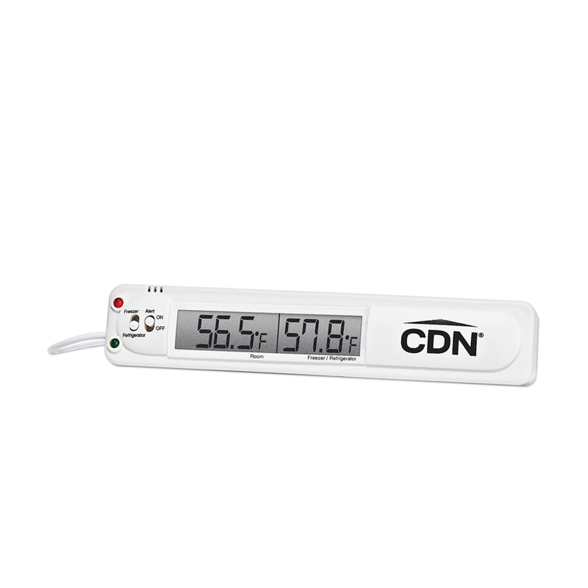 CDN TA20 refrigerator freezer alarm angled view showing LCD dual temperature display and red and green alert indicator LEDs