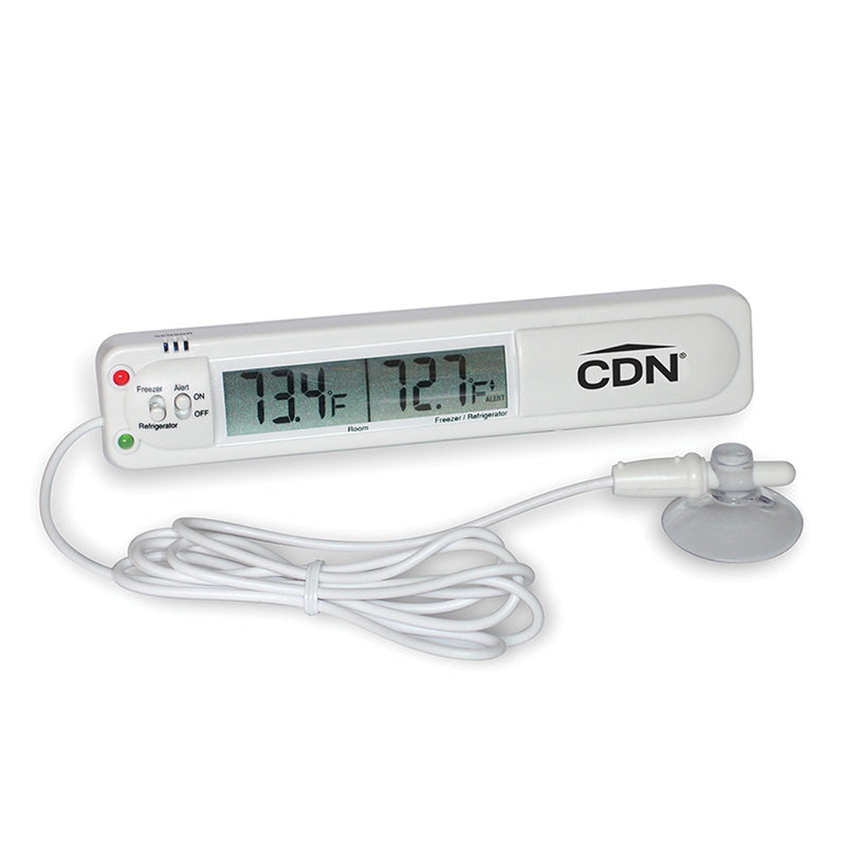 CDN TA20 alarm unit with full 39-inch sensor cable uncoiled and suction cup probe visible against white background