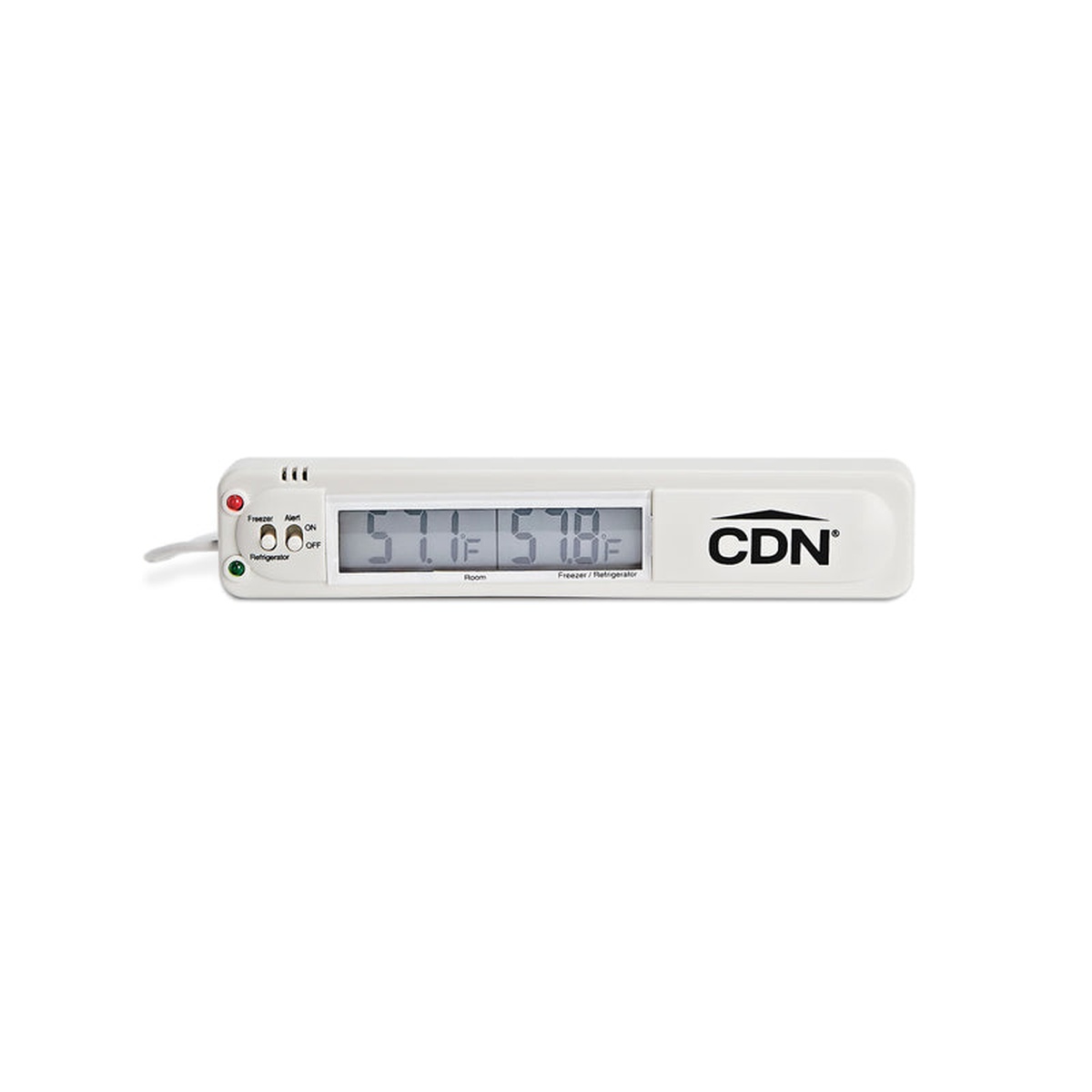 CDN TA20 front view showing dual LCD readout labeled Room and Freezer/Refrigerator with Freezer and Alert toggle switches