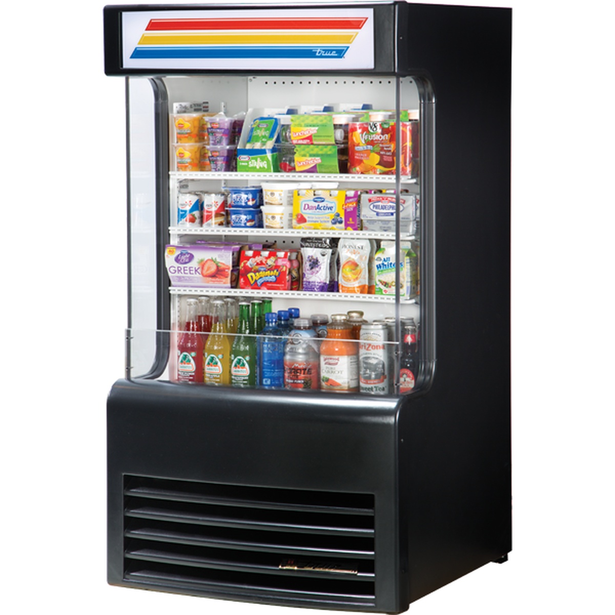 True TAC-14GS-LD vertical open-front air curtain merchandiser stocked with beverages and packaged food on three adjustable shelves
