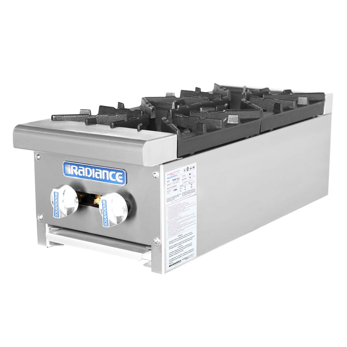Turbo Air Radiance TAHP-12-2 countertop hot plate with two cast-iron grates and manual control knobs