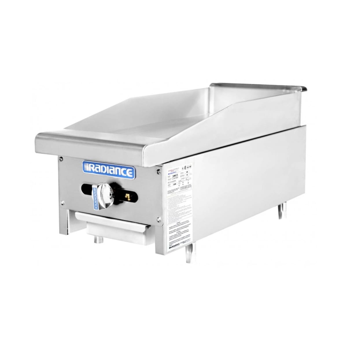Turbo Air Radiance TAMG-12 countertop gas griddle with stainless steel body, splash guard, and single manual control knob