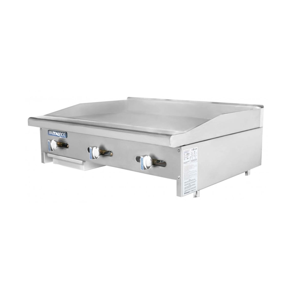 Turbo Air Radiance TAMG-36 countertop gas griddle with stainless steel body and three manual control knobs