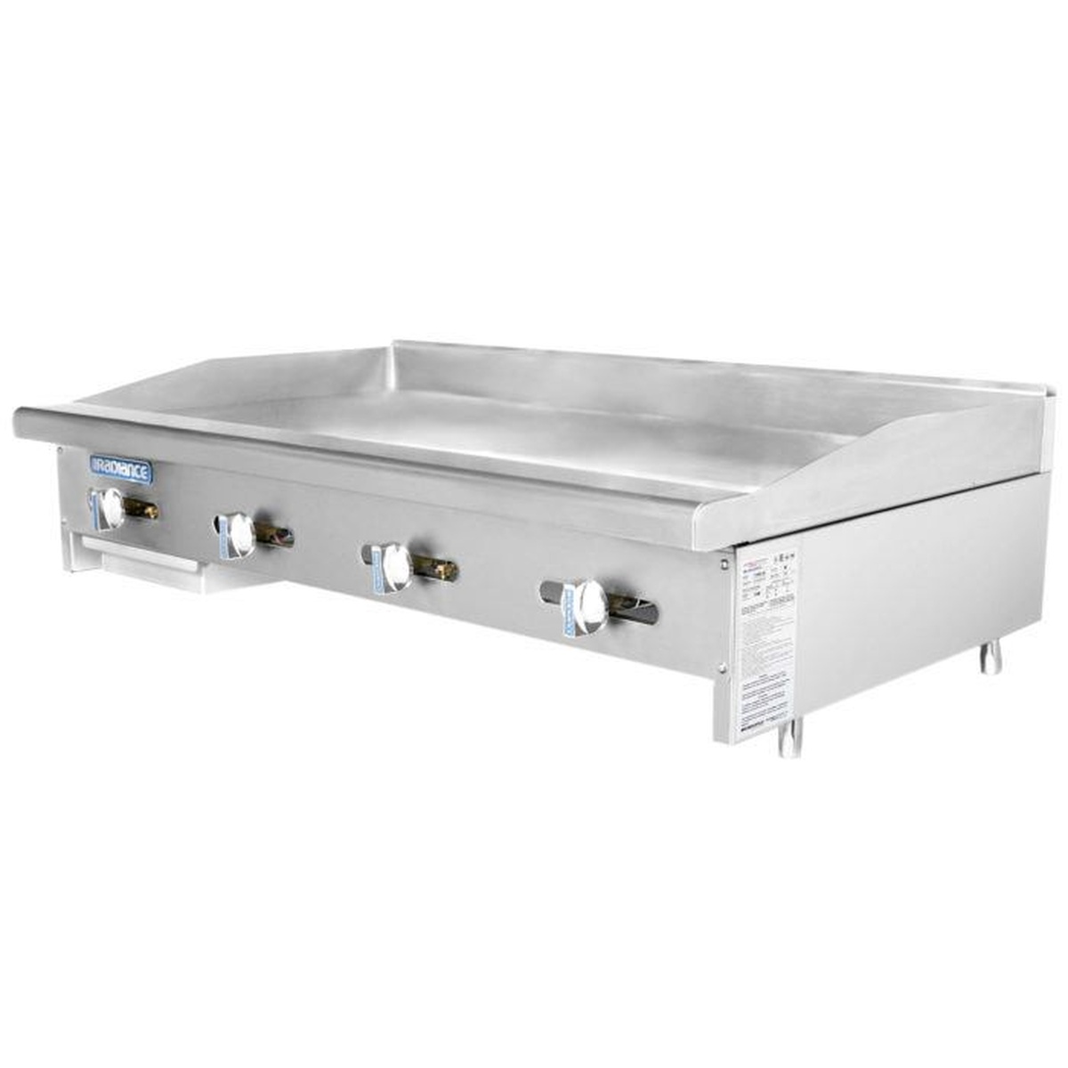 Turbo Air TAMG-48 48-inch countertop manual gas griddle with four control knobs and polished steel cooking surface