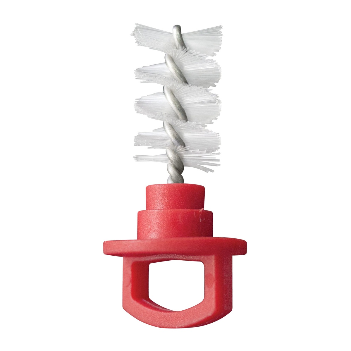 Bar Maid Tap-Brush with red stepped plastic cap and white nylon bristle brush on white background