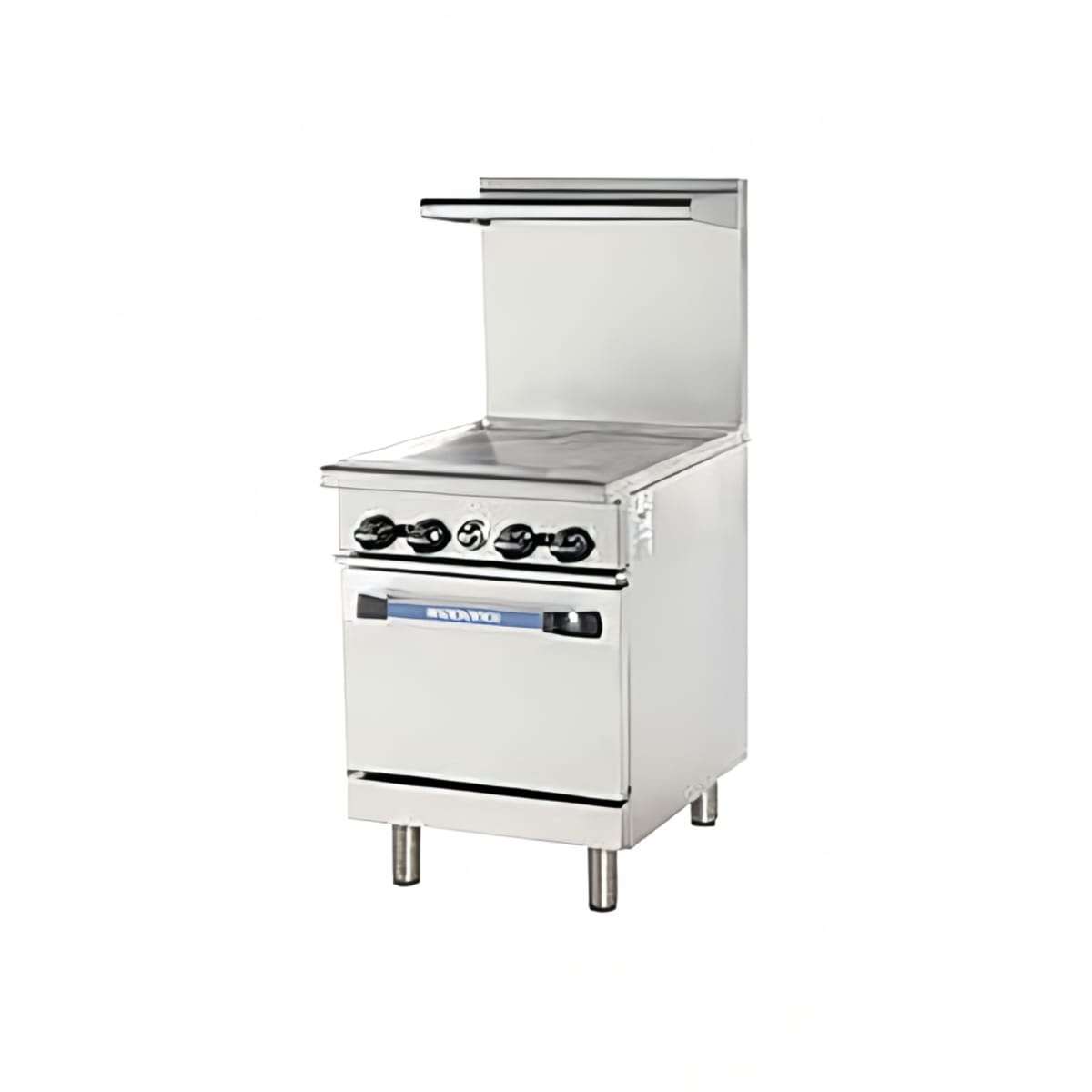 Turbo Air Radiance 24 inch gas range with full griddle, back riser shelf, and standard oven