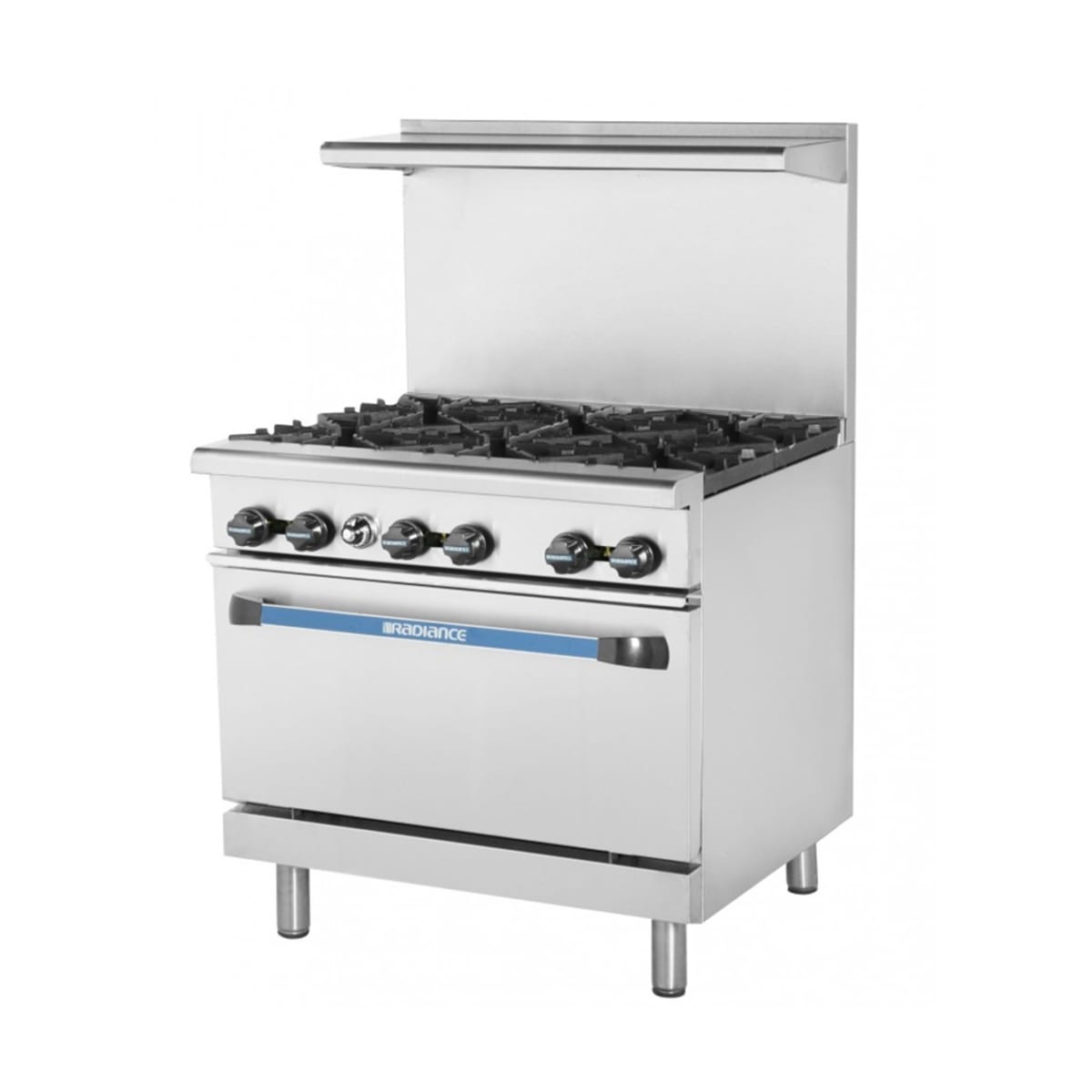 Turbo Air TAR-6 36-inch gas range with six open burners, standard oven, and backriser high shelf