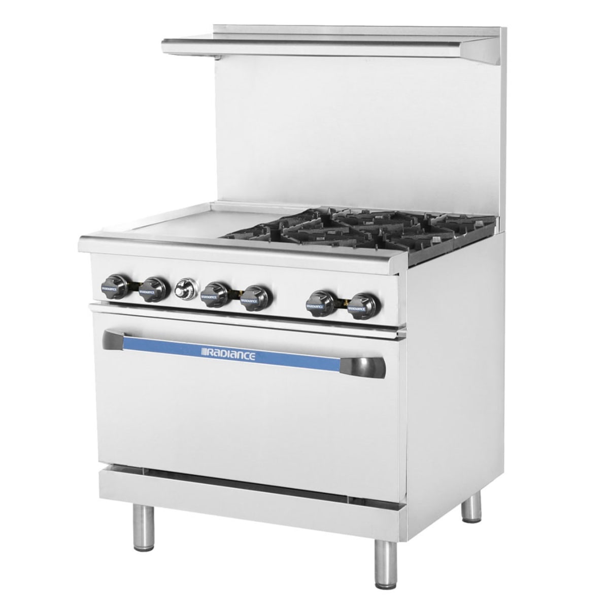 Turbo Air Radiance 36 inch gas range with four open burners, left griddle, and standard oven