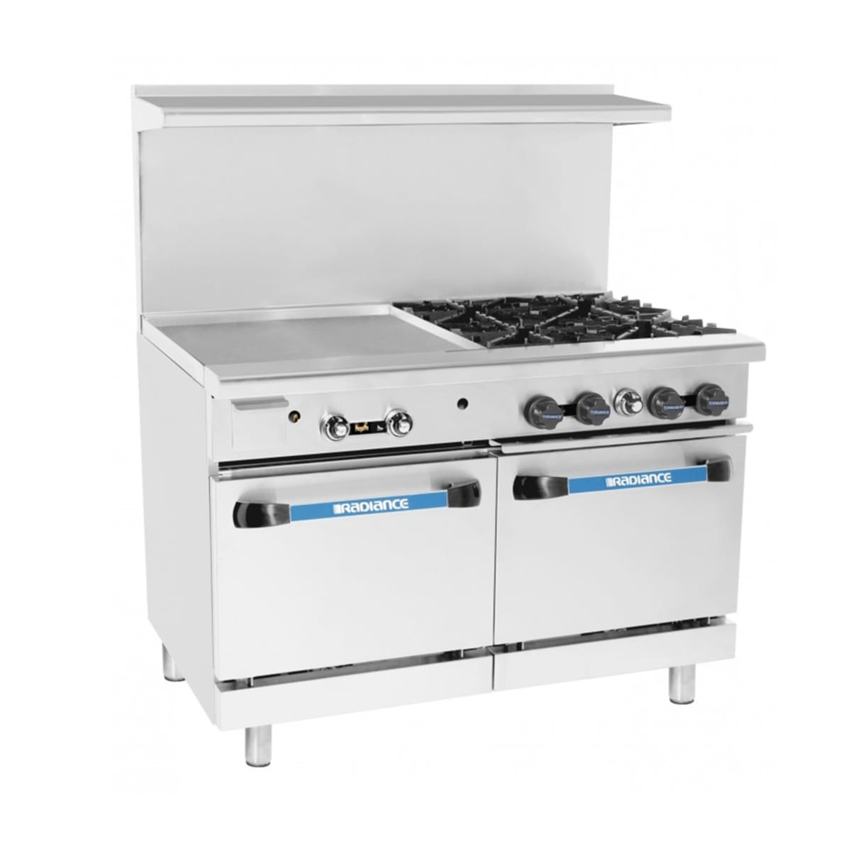 Turbo Air Radiance 60-inch range with six open burners, left-side griddle, back riser, and two oven doors