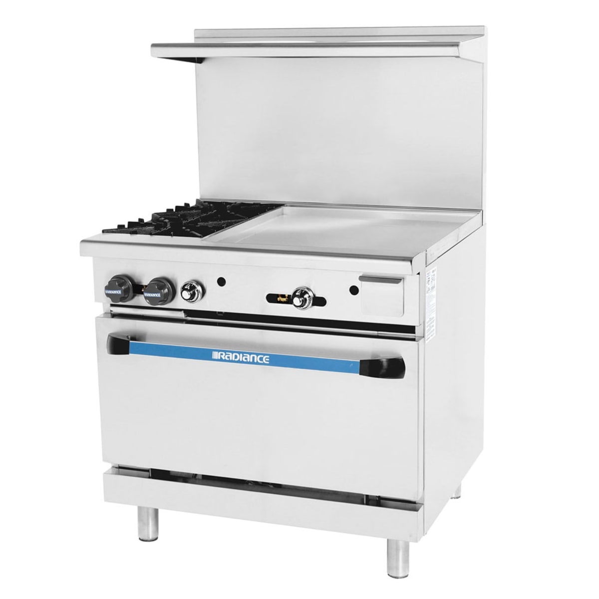 Turbo Air Radiance TARG-2B24G commercial gas range with two burners, right-side griddle, and standard oven