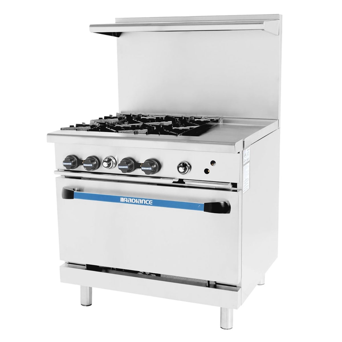 Turbo Air Radiance 36 inch gas range with four open burners, right-side griddle, and standard oven