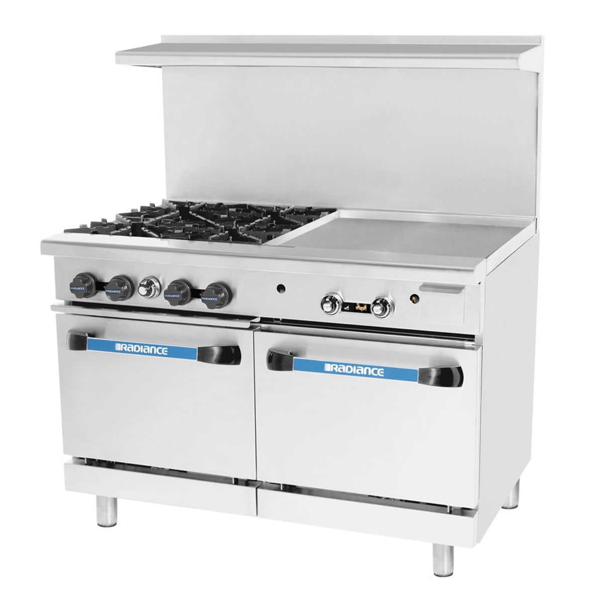 Turbo Air Radiance 48-inch restaurant range with four open burners, right-side 24-inch griddle, and two oven doors