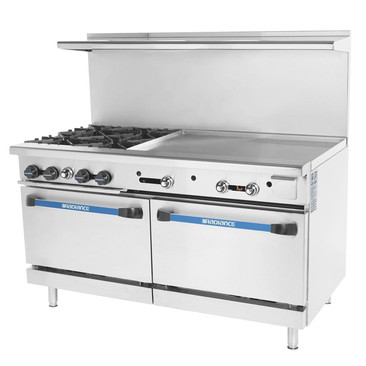 Turbo Air Radiance 60-inch restaurant range with four open burners, right-side griddle, and double ovens