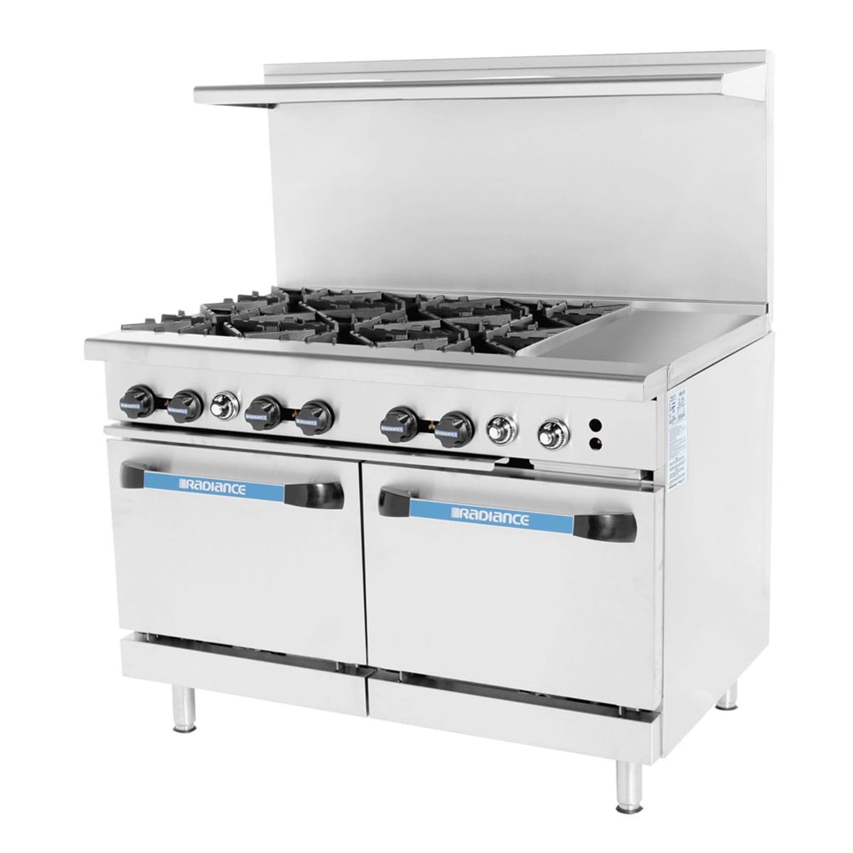 Turbo Air Radiance 48 inch restaurant range with six burners, right-side griddle, and two oven doors
