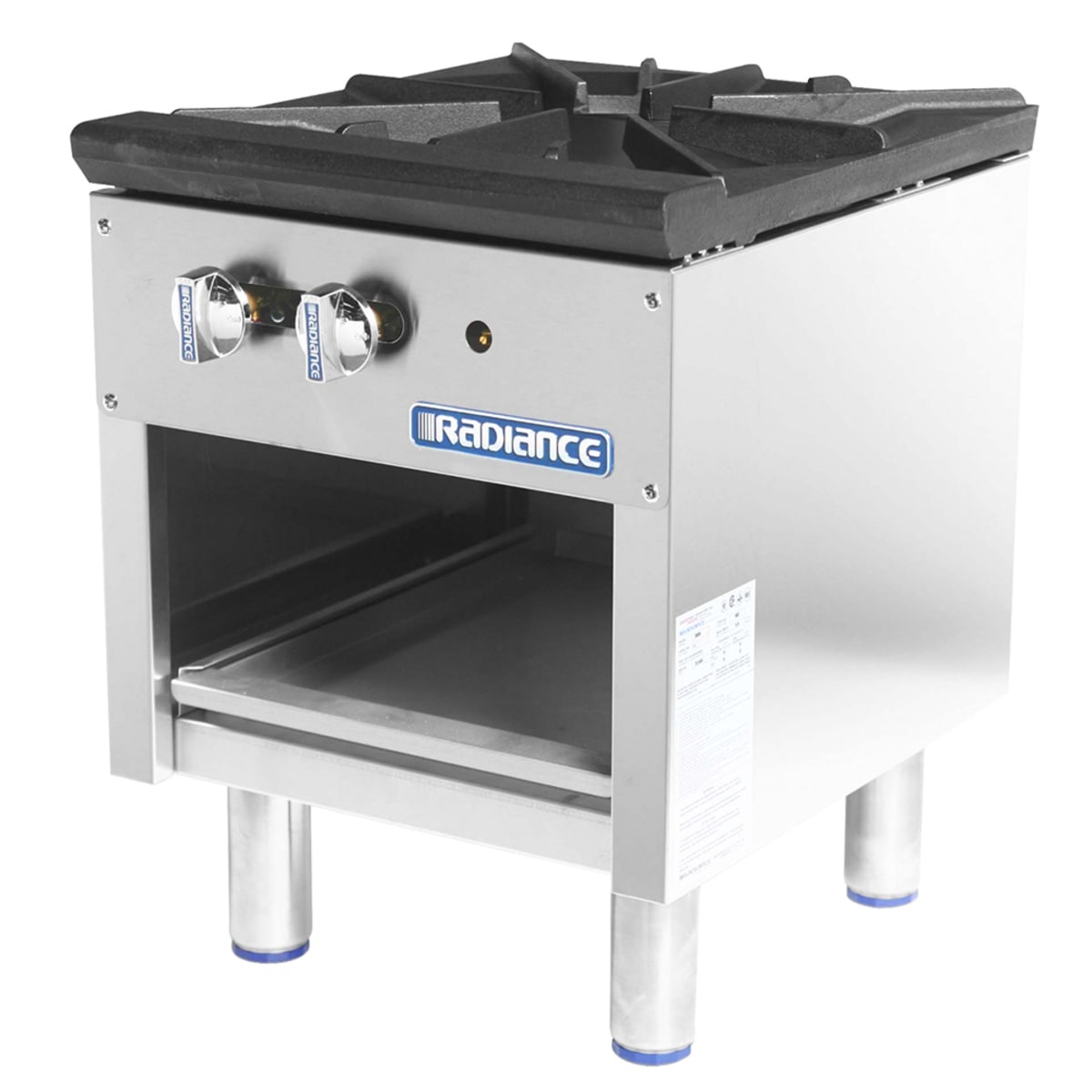 Turbo Air Radiance TASP-18 stock pot range with cast iron grate, front control knobs, and open storage base