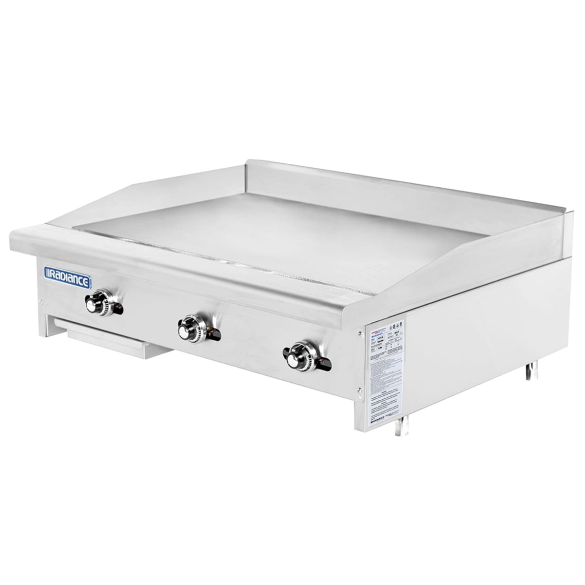 Turbo Air Radiance TATG-36 countertop gas griddle with 36 inch cooking surface and three control knobs