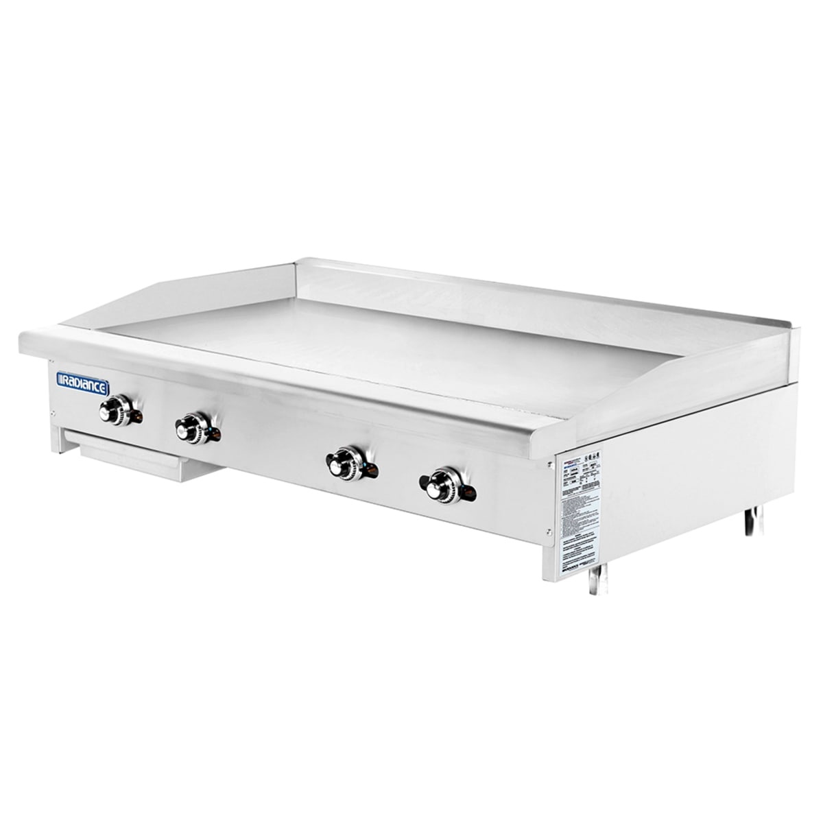 Turbo Air Radiance TATG-48 countertop gas griddle with four control knobs and splash guard
